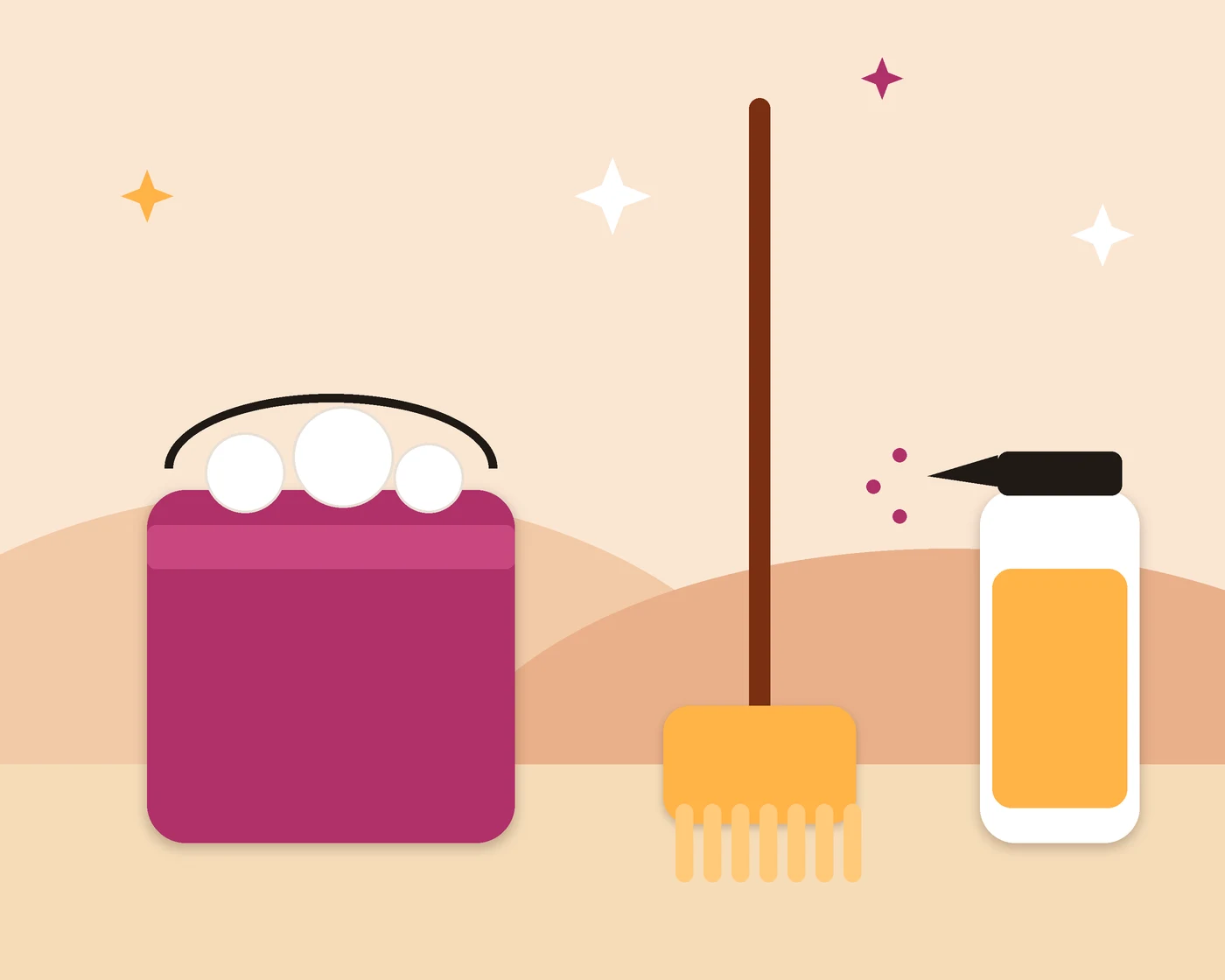 A drawn picture of a bucket of foam, a mop and a spray bottle